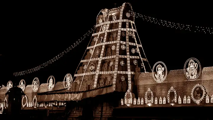 Night view of Tirumala Tirupati Vaikunta Ekadashi lighting at the Tirumala Temple complex.
